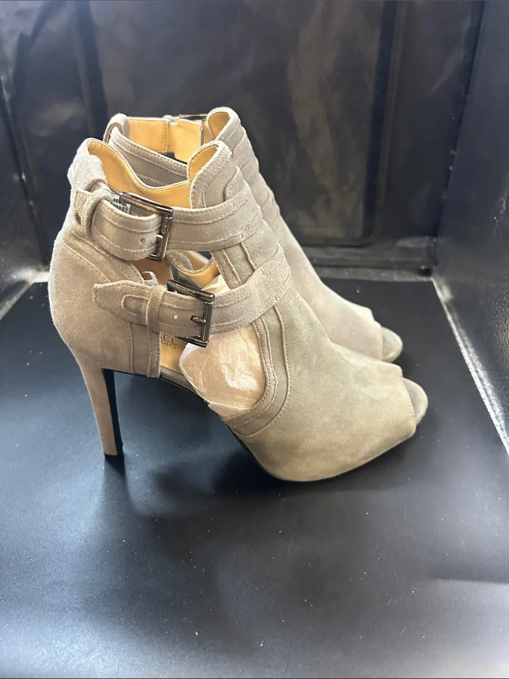 Michael Kors Taupe Suede Peep-Toe Buckle Mules